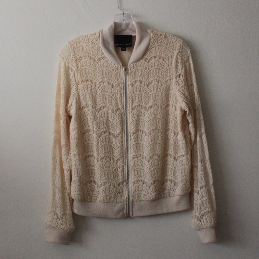 Harlowe & Graham Dainty Cream Crochet Knit Overlay Zip Up Jacket